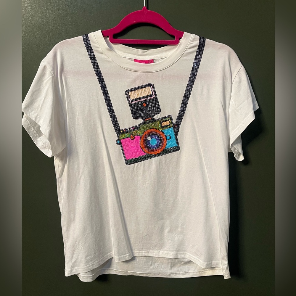 QUEEN OF SPARKLES White T-Shirt with Colorful Camera Design